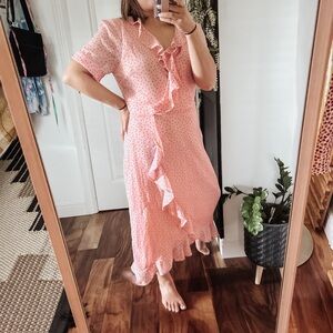 Lulus Keli Light Pink Polka Dot Ruffled‎ Midi Dress. Size L